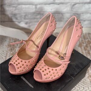 Pour La Victoire Pink Gold Studded Spike Peep Toe Pumps Heels
